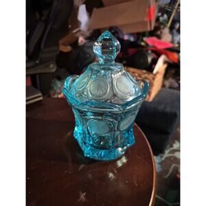 Vintage Fostoria Coin Glass Covered Candy Dish In Blue And Featuring A Scalloped